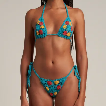 2023 plus récent sur mesure petite fleur Crochet Bikini Triangle Crochet maillots de bain cravate côté bas maillot de bain conception personnalisée Bikini