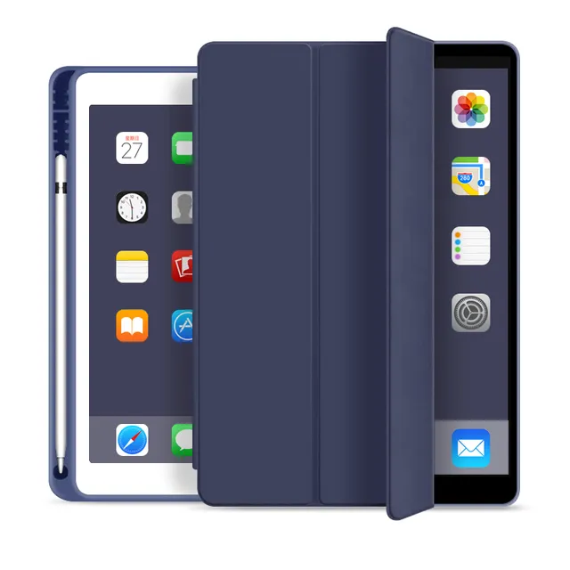 For New iPad 10.2インチ7th 8th Gen 2020 Case With Pencil Holder Tri倍PU Leather Smart Cover Wake Up Sleep Function Pen Slot