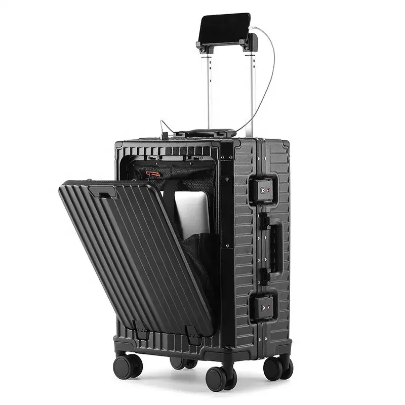 Gran oferta, carrito de viaje de aluminio, equipaje duro con adaptador USB, marco de aluminio, marco de viaje, equipaje de viaje, Moq bajo