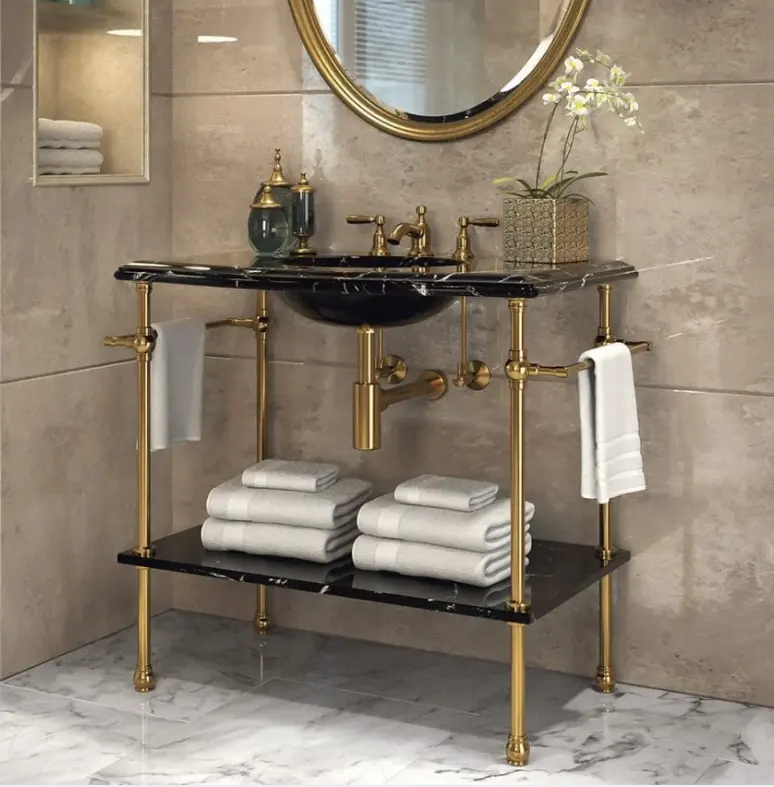 Soporte de lavabo doble de oro pulido satinado de lujo, estante de tubo abierto para consola de mármol, accesorio de sistema de pata superior de fácil montaje