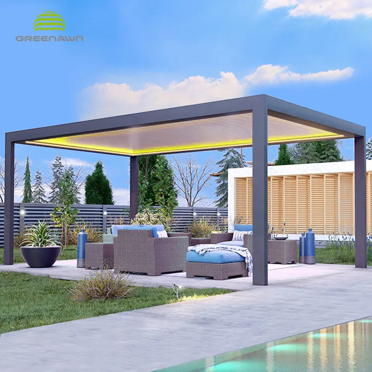 Açık bahçe motorlu Pergola Bioclimat alüminyum Gazebo Pergola çatı ayarlanabilir panjur