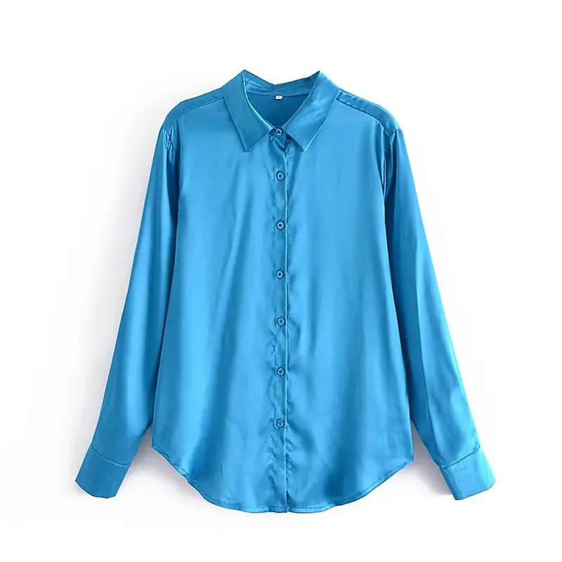 أزياء Blusas en الساتان Elegantes السيدات الأزرق الساتان قميص بلوزة الربيع الشارع الكلاسيكية مكتب طويلة الأكمام بلوزة المرأة