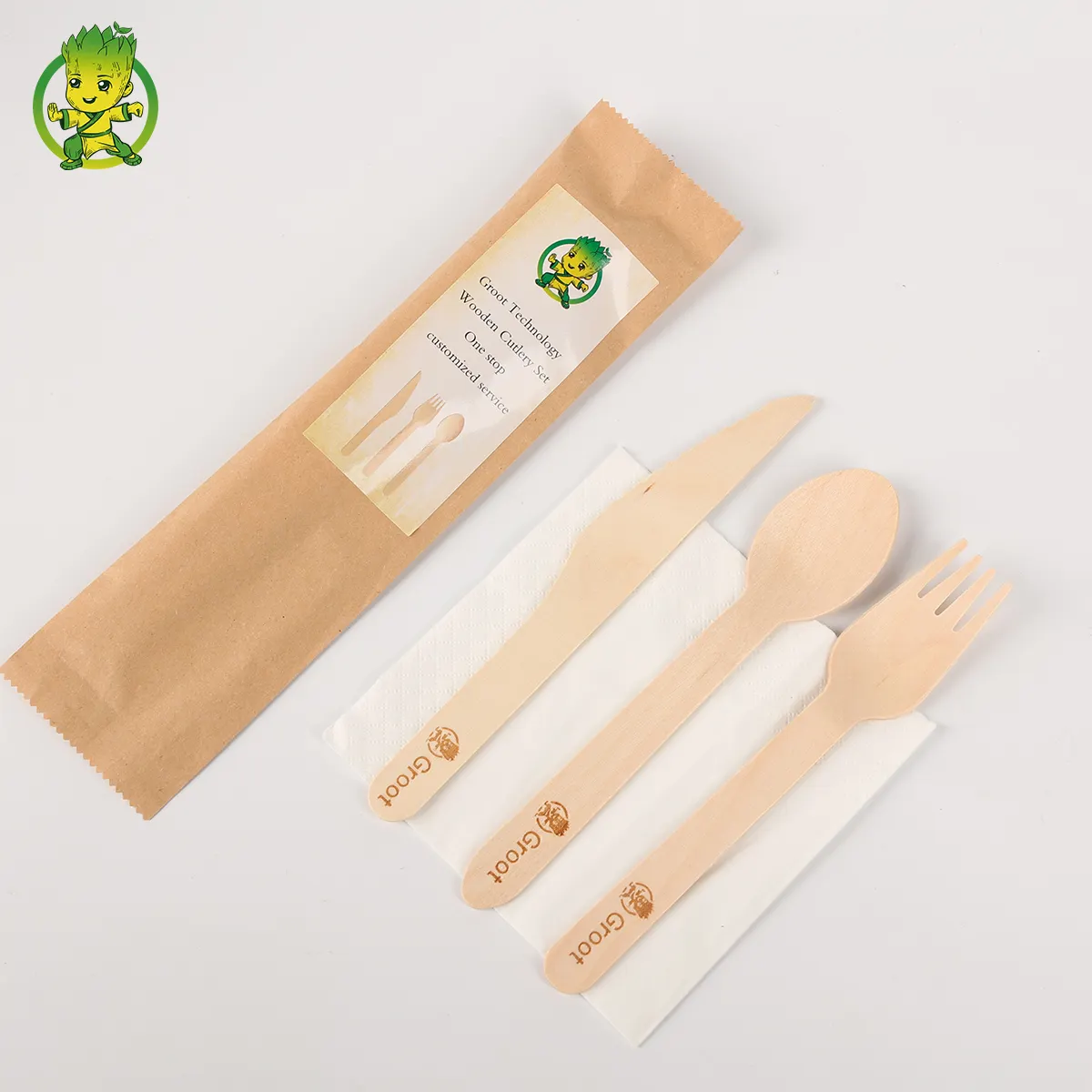 Vajilla biodegradable degradable de tamaño personalizado, respetuosa con el medio ambiente, cubiertos de madera, cucharas desechables, tenedores, juego de cuchillos