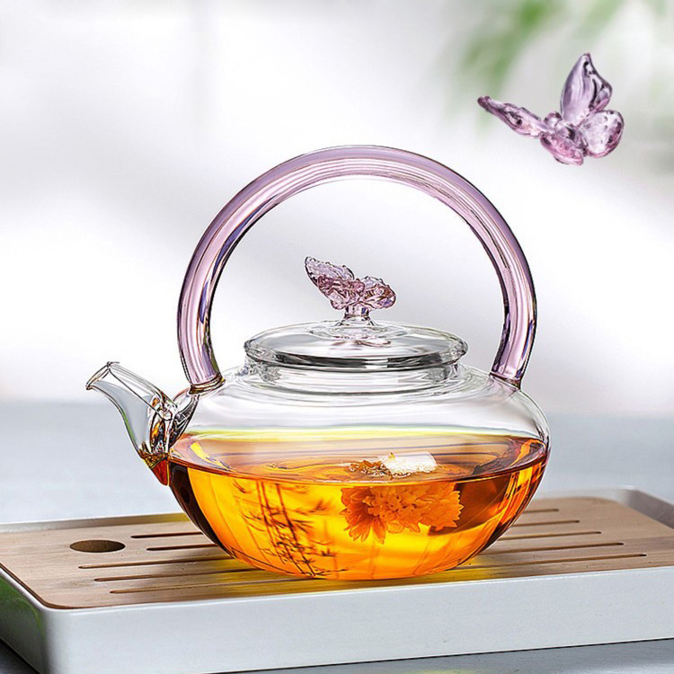 37Years Factory Glass Teapot With Pink Lift Handle Microwave & Dishwasher Safe High Borosilicate Tea Kettle 700ml