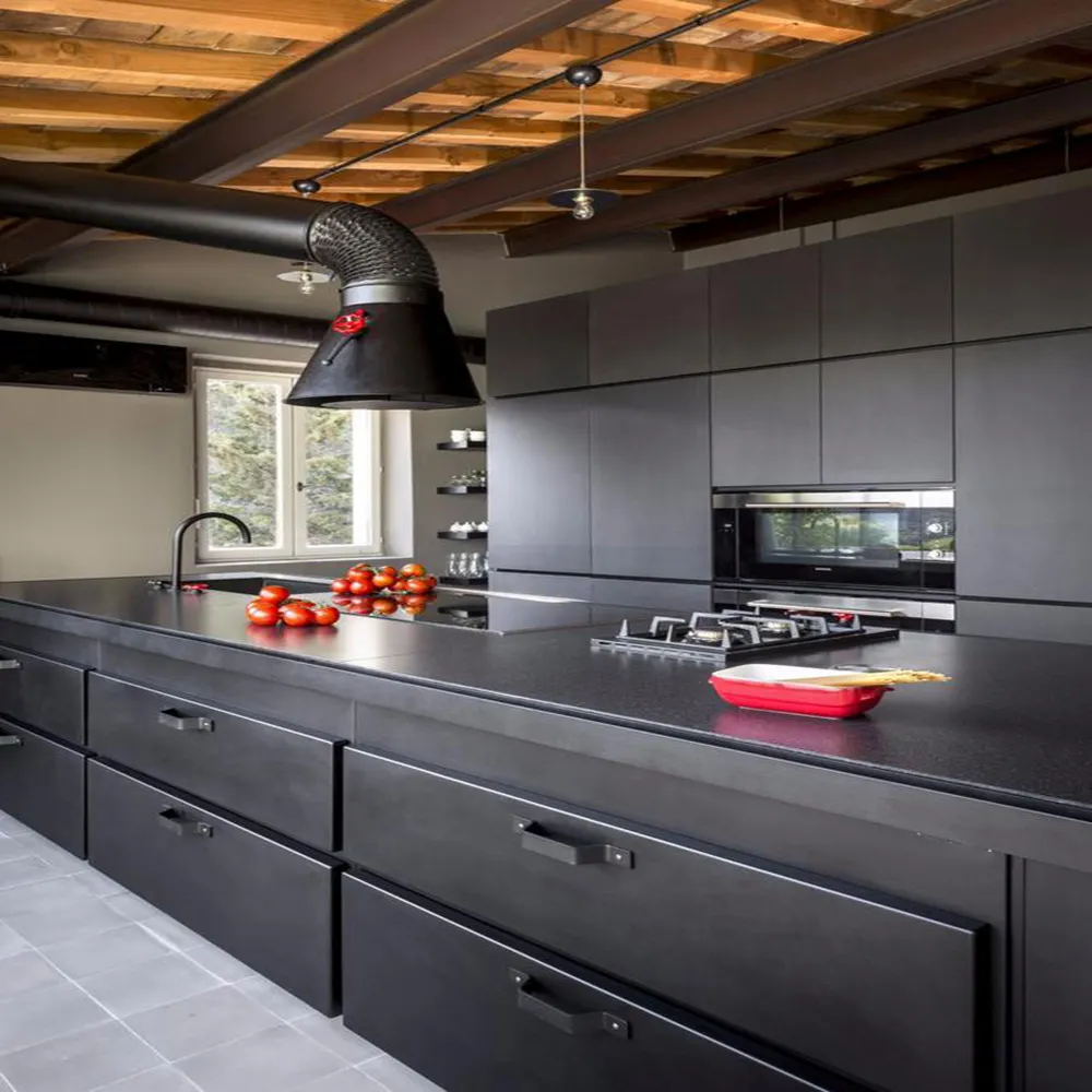 Fabricante entrega rápida Hogar Moderno paquete plano negro vidrio esmerilado cocina despensa modular cocina muebles gabinetes de cocina