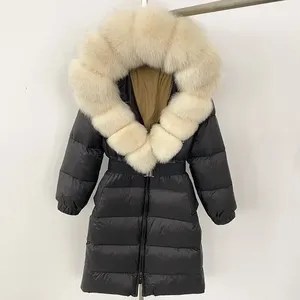 OFTBUY新款天然厚保暖90% 白鸭羽绒服长冬夹克女真大狐狸毛领腰带宽松河豚派克大衣 - Product Image 3