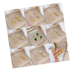 Fashion Crystal Stone 18k Gold Plated Stainless Steel Necklaces Crystal Earrings Pendant Necklace Jewelry Earring <strong>Set</strong>