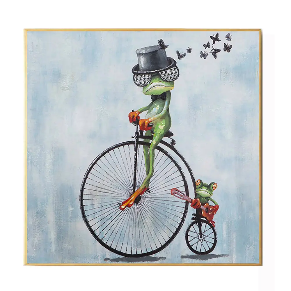 Rana pintada a mano con sombrero y gafas de sol Cool Animal pintura al óleo sobre lienzo tocar la guitarra pared arte imagen ranas paseo bicicleta