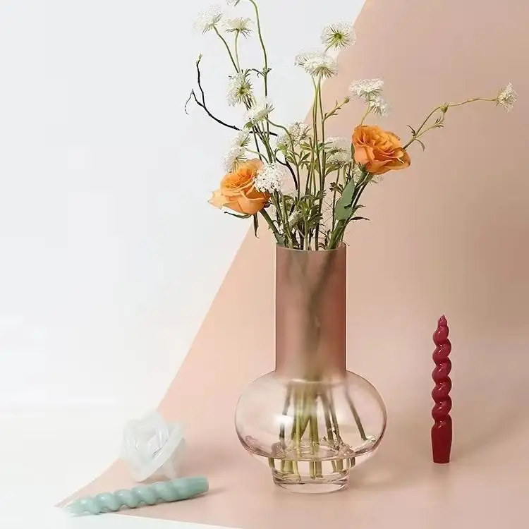 INS 핑크 투명 유리 꽃병 프리미엄 테이블 장식 꽃병 도매