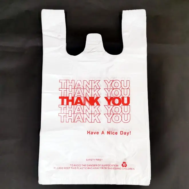 Vendita calda all'ingrosso personalizzato grazie borse per la spesa in plastica gilet maniglia Carrier drogheria grazie sacchetti di plastica
