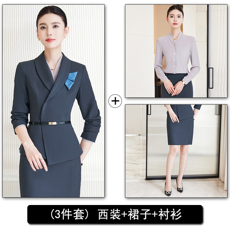 Grey suit skirt and white shirt