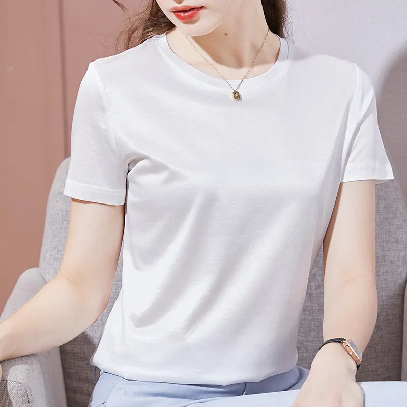 Camiseta de seda para mulheres, camiseta branca de seda com impressão de logotipo personalizada