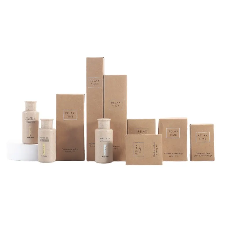 Conjunto de comodidades eco hotel produtos de luxo biodegradável