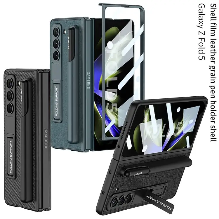 Pour Samsung Z Fold 5 étui de téléphone avec verre de protection avant tout compris support en cuir uni ultra-mince porte-stylo fold5 couverture