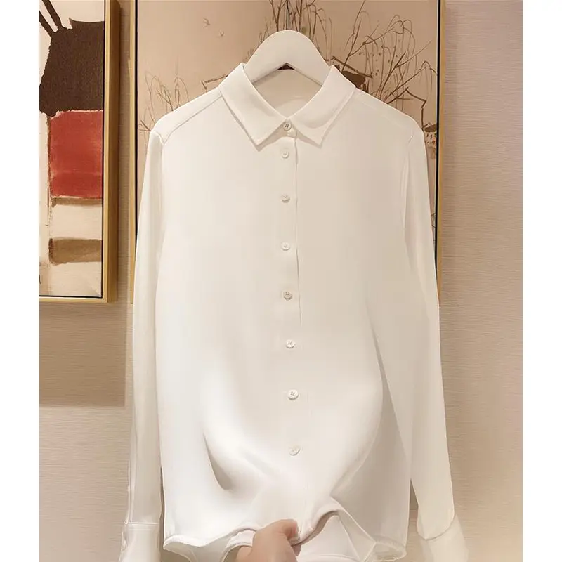 Женская блузка с длинным рукавом, белая рубашка из 100% шелка, готов к отправке