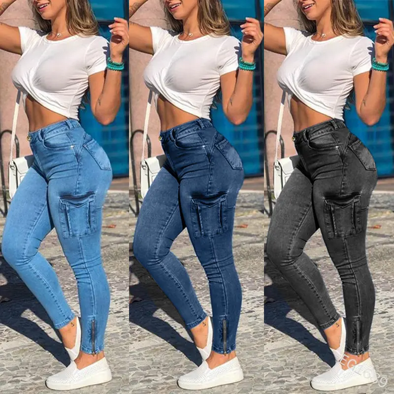 Nuevo estilo Denim Jeans para mujer Cremallera Bolsillos en la pierna Monos elásticos Pantalones blanqueados Pantalones Slim Pencil Jeans