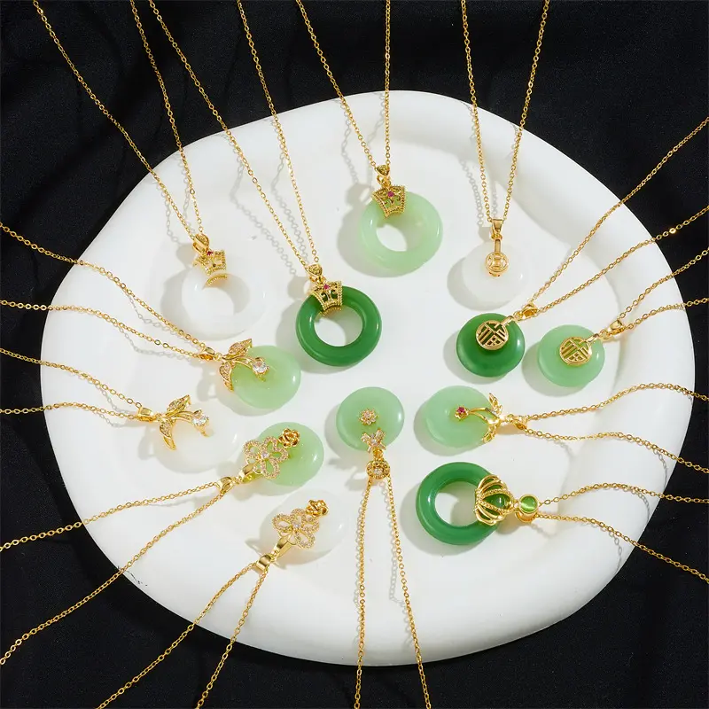 Green jade glass pendant stainless steel necklace 18k real gold plated jewelry for women