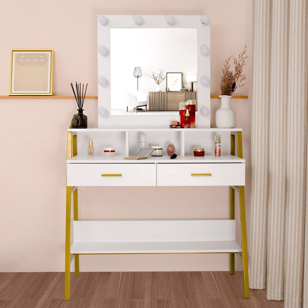 Vanity Table with Lighted Mirror, Makeup Vanity Dressing Table with Lights and Drawers Dressing Cabinet Bedroom Furniture