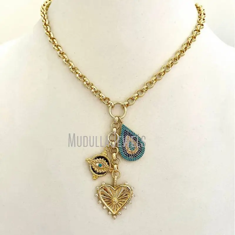 NM44336 collana con cuore in oro grosso Multi Charm CZ collana regolabile con smalto turchese occhio turco