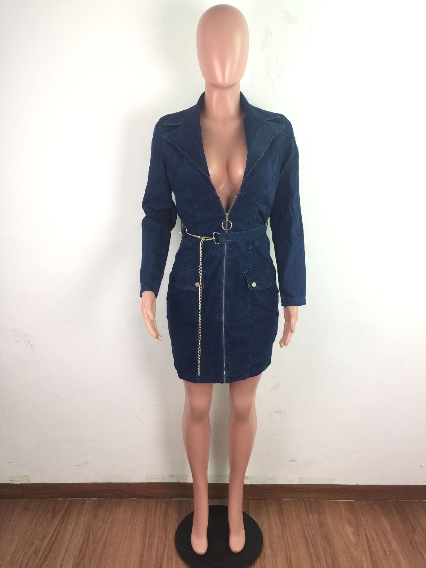 2021 summer new trend denim dress V-neck sexy slim zipper denim skirt