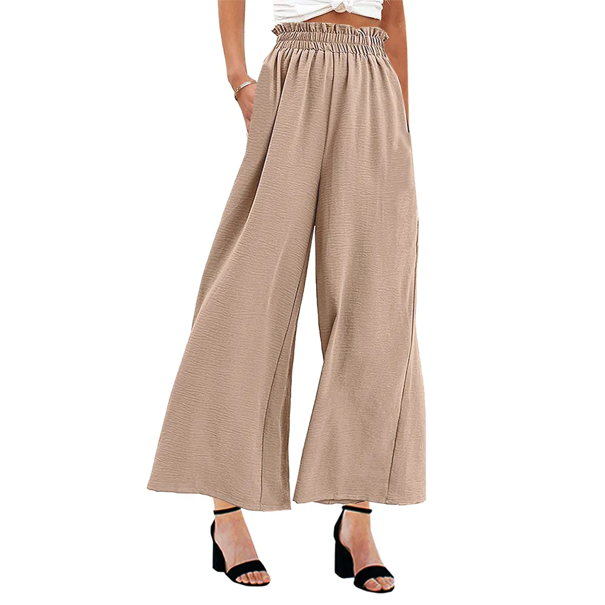 Sıcak satış rahat düz renk yüksek bel geniş bacak rahat gevşek pantolon kadınlar için
