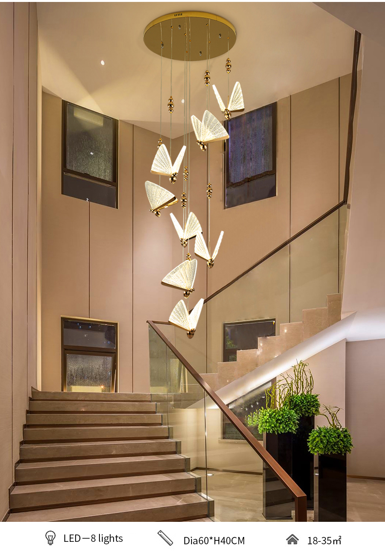 2021 New design morden Luxury restaurant Spiral staircase Duplex floor Butterfly LED pendant light