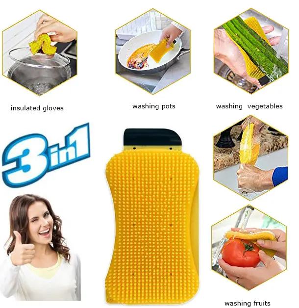 Multi-Funzionale Della Spugna Del Silicone, 3 in 1 Pennello in Silicone Scrubber Raschietto Spazzola di Pulizia per la Cucina e Bagno di Pulizia