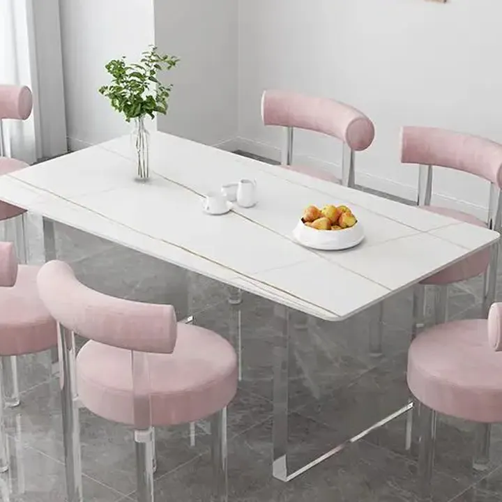 Cadeira de jantar para sala de estar em cristal acrílico moderna de veludo rosa para restaurante e salão de beleza