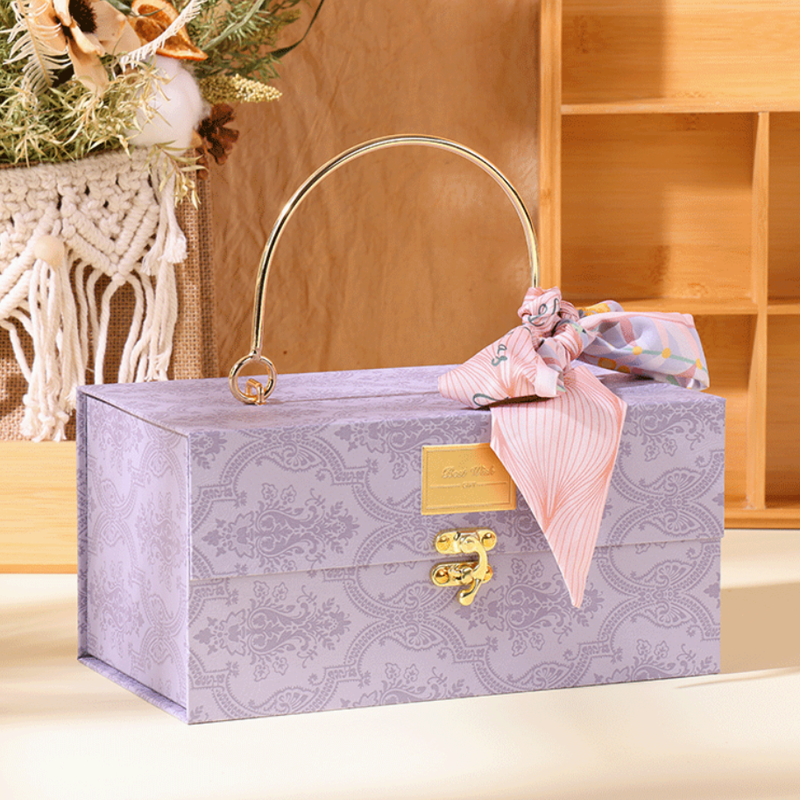 Purple gift box + Raffia grass + silk scarf