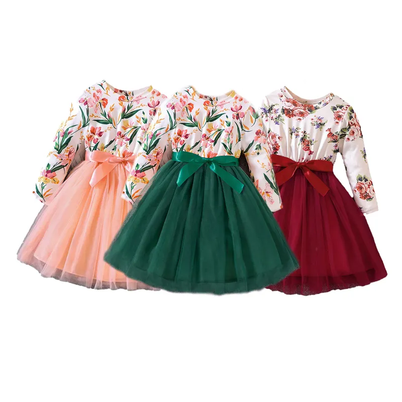 Fuyu Boutique bambini bambini manica lunga fiocco abito in pizzo vendita calda fiore bambina vestito per il compleanno