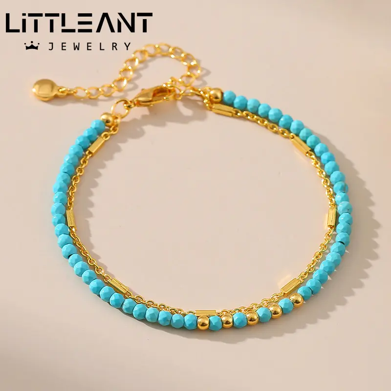 Pulsera de turquesa natural de joyería de piedra de cuentas azules chapadas en oro no deslustradas de estilo étnico