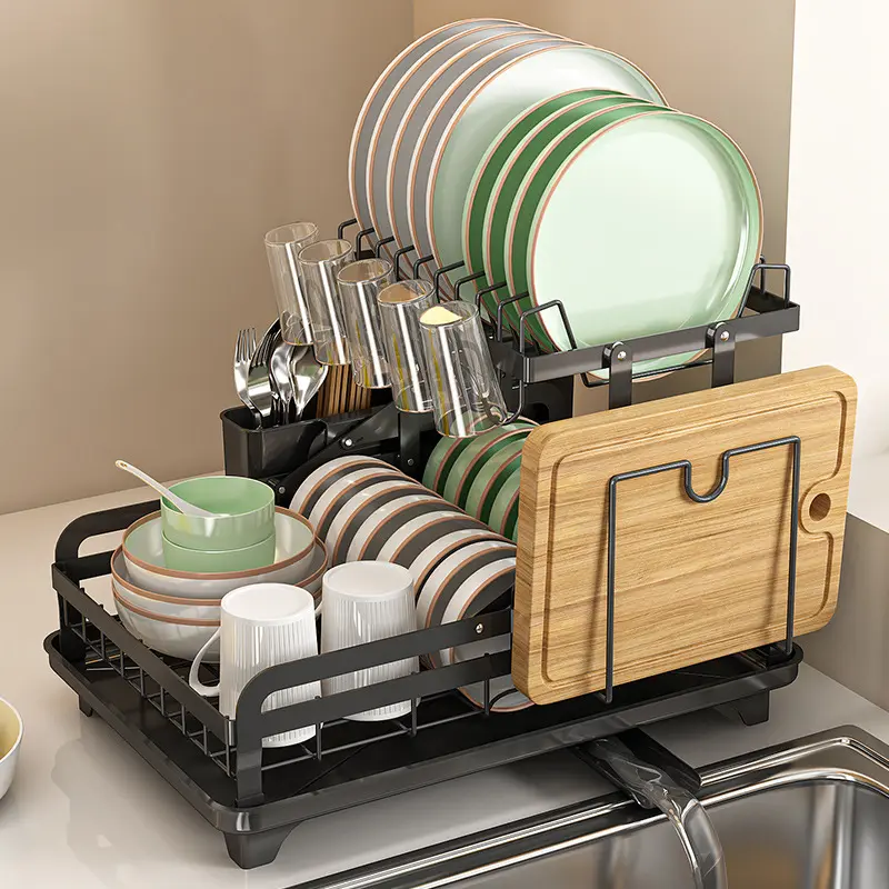 Escurridor de platos de cocina desmontable para secado de platos grande y moderno, organizador de almacenamiento de 3 niveles con bandeja de goteo giratoria