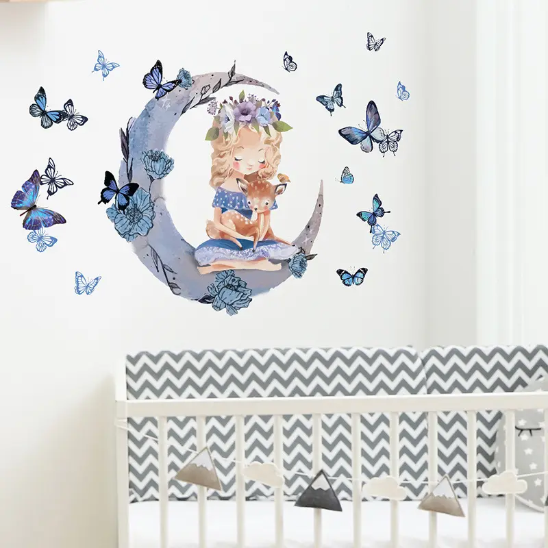 Dibujos animados pintados Luna pared pegatina Luna princesa mariposa calcomanías sala de estar papel tapiz decorativo