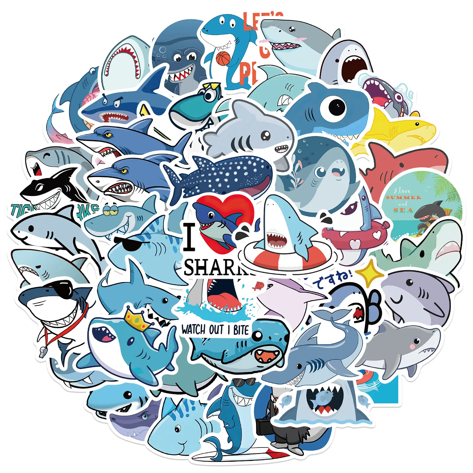 50Pcs Cartoon Shark Stickers Decorative Label For Luggage Laptop Guitar Helmet Skateboard Vinyl Waterproof Sticker