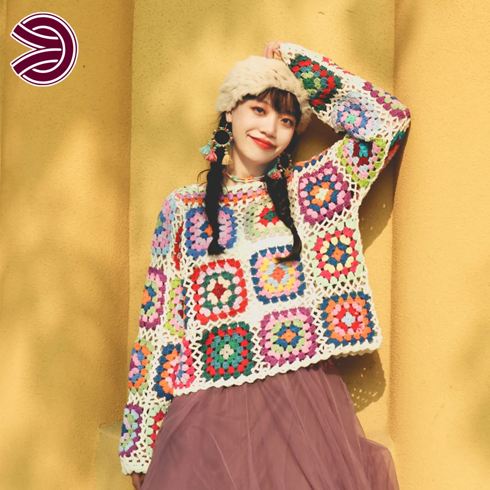 Suéter de personalização crochê, tricô, bordado, padrão, multicores, de crochê, de senhoras