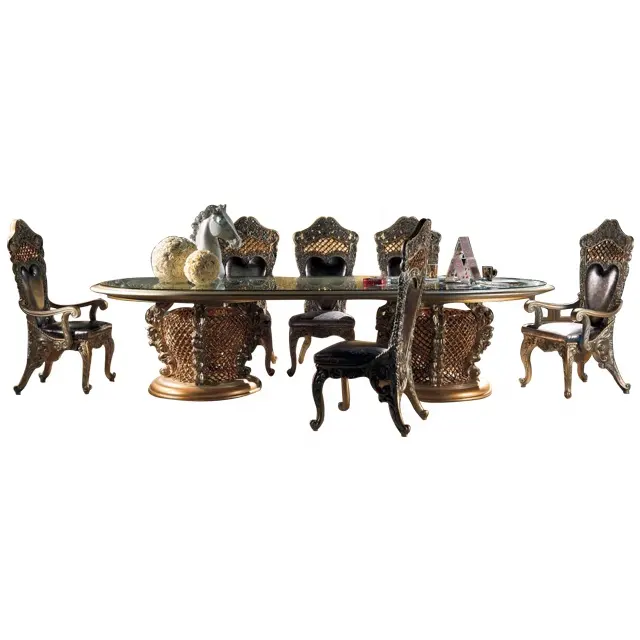 Favoloso Dorato Intagliato Tavolo Da Pranzo In Legno con Piano In Vetro, Louis XV Da Pranzo set di Mobili per Sala da pranzo