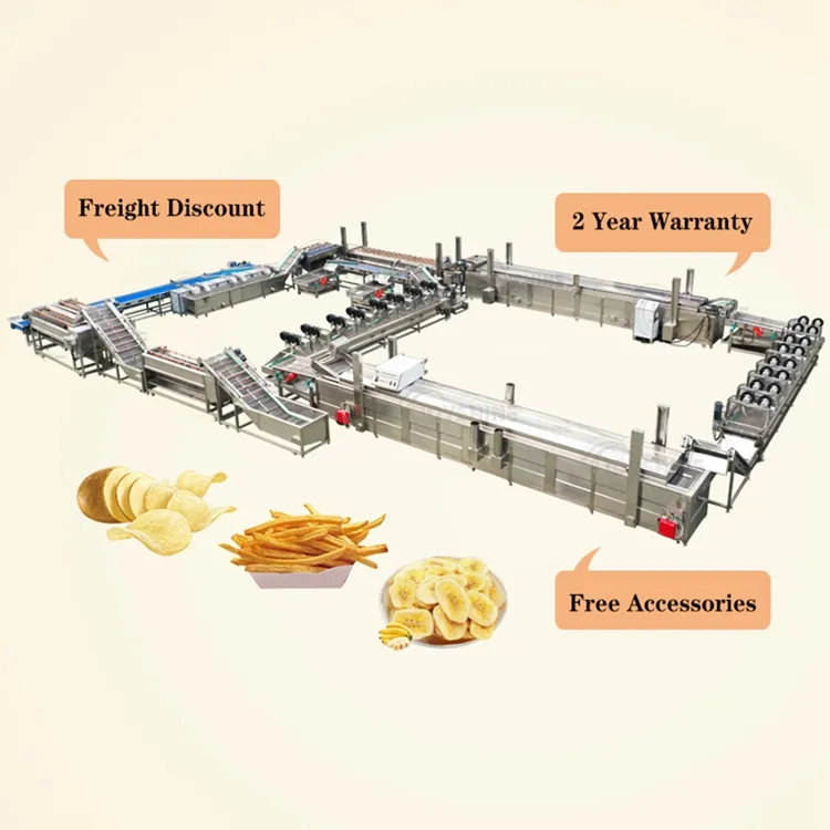 سعر المصنع الصناعي بالكامل التلقائي المقلية البطاطس رقائق ماكينة تحضير رقائق البطاطس المجمدة الفرنسية خط إنتاج بطاطس