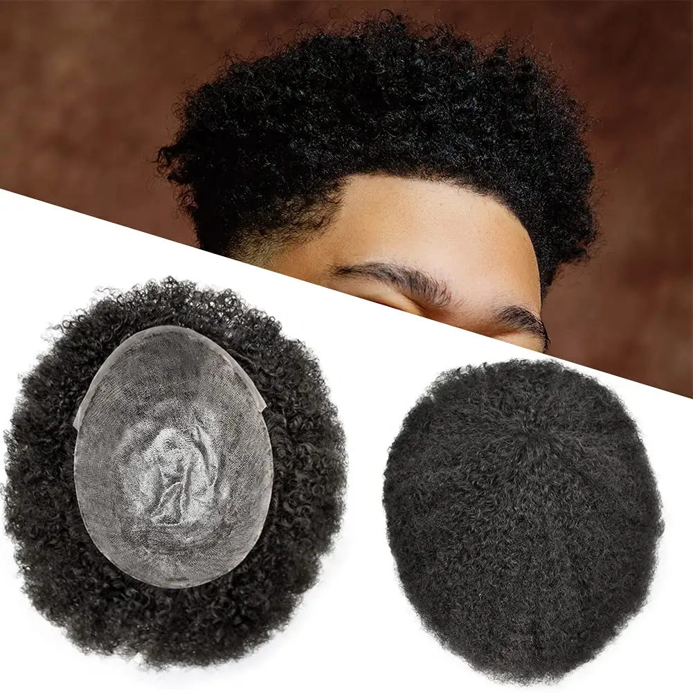 काले पुरुषों के लिए पूर्ण पाली त्वचा Hairpiece टौपी 6mm एफ्रो लहर अफ्रीकी अमेरिकी गांठदार घुंघराले मानव बाल प्रतिस्थापन प्रणाली