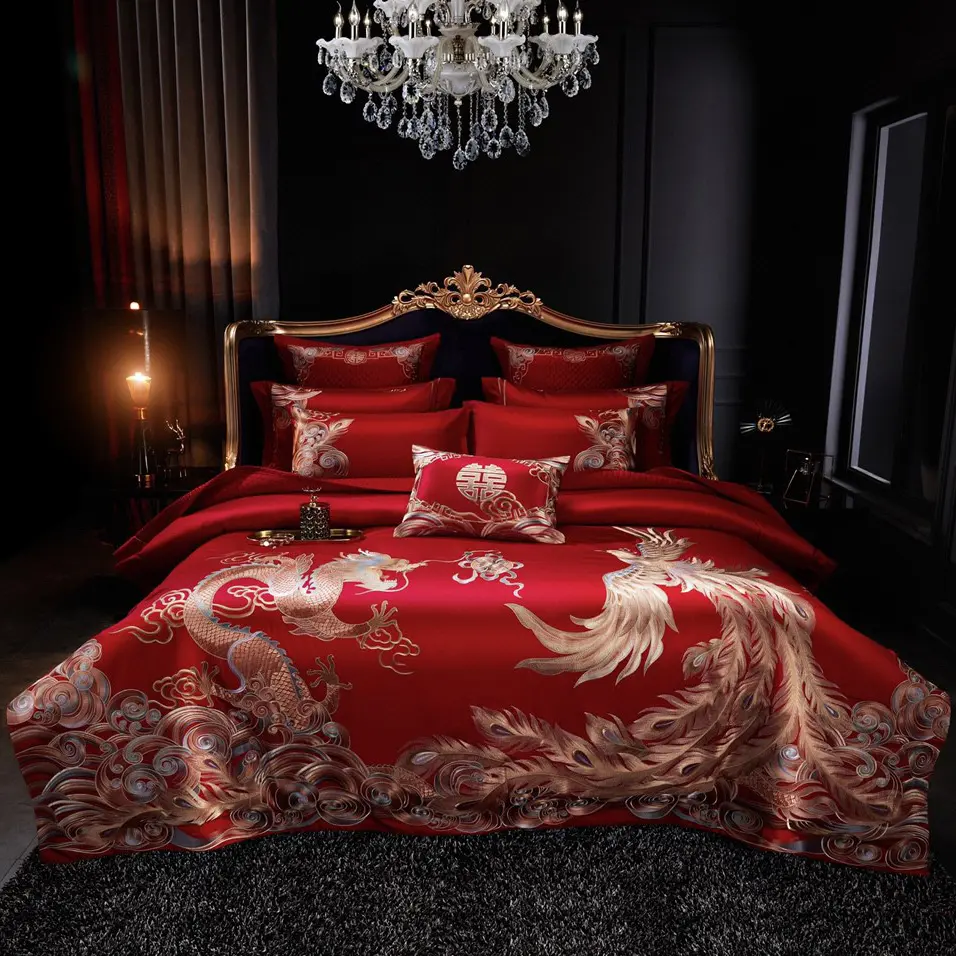 Juego de ropa de cama de lujo para novia, Sábana 100% algodón satén rojo, color sólido, bordado, belleza, venta al por mayor