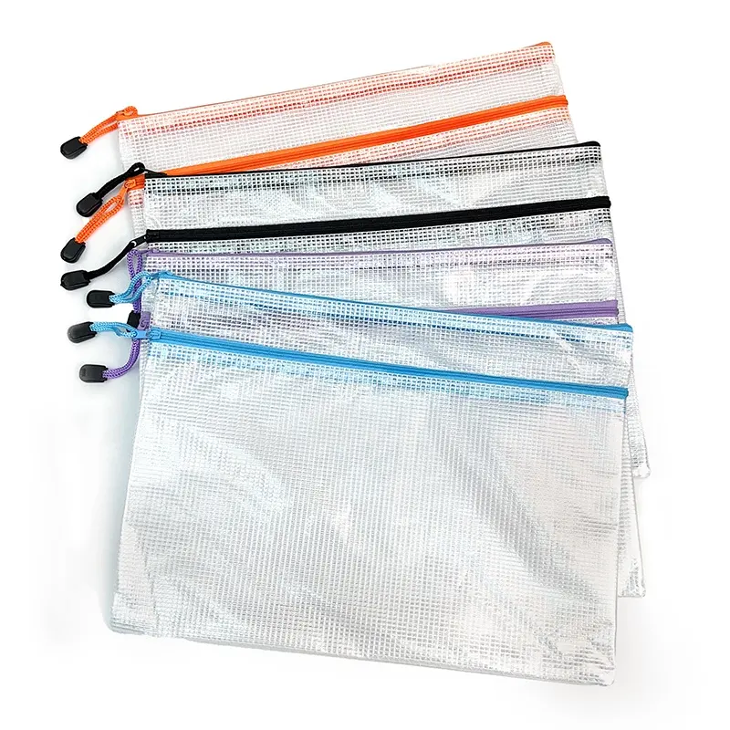 A4 organizer borsa con cerniera in rete a vista per smistamento in plastica casual borsa per documenti in nylon tasca per file personalizzata per l'ufficio scolastico