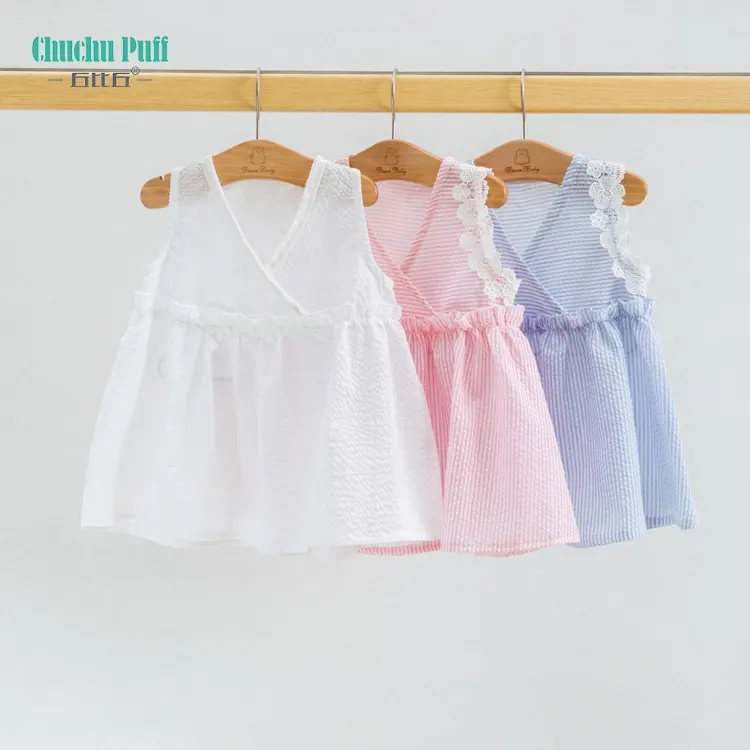 ChuchuPuff ชุดเดรสแขนกุดผ้าลูกไม้คอวี,ชุดกระโปรงแฟนซีสำหรับเด็กเสื้อผ้าฝ้าย100% สำหรับฤดูร้อน