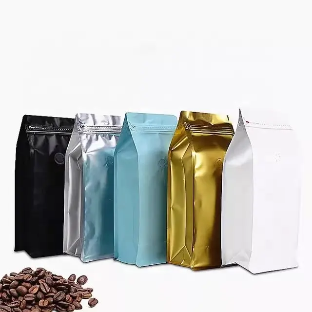 Bolsa de embalaje de café de fondo plano, lámina de aluminio con sello de ocho lados personalizado