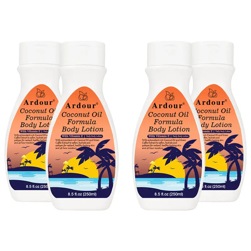 OEM para piel seca loción corporal botella de embalaje y vitamina E tapa abatible botella Hidratante Corporal fórmula de aceite de coco loción corporal