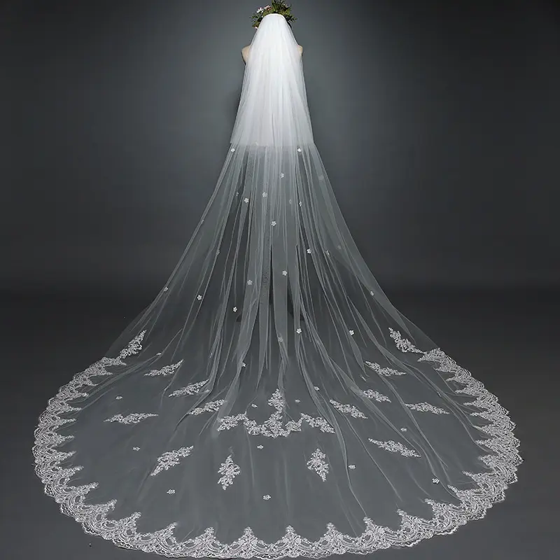 أحدث الأبيض فستان الزفاف الذيل الحجاب العروس طويل الدانتيل الحجاب 3M الحجاب أزياء الزفاف اكسسوارات
