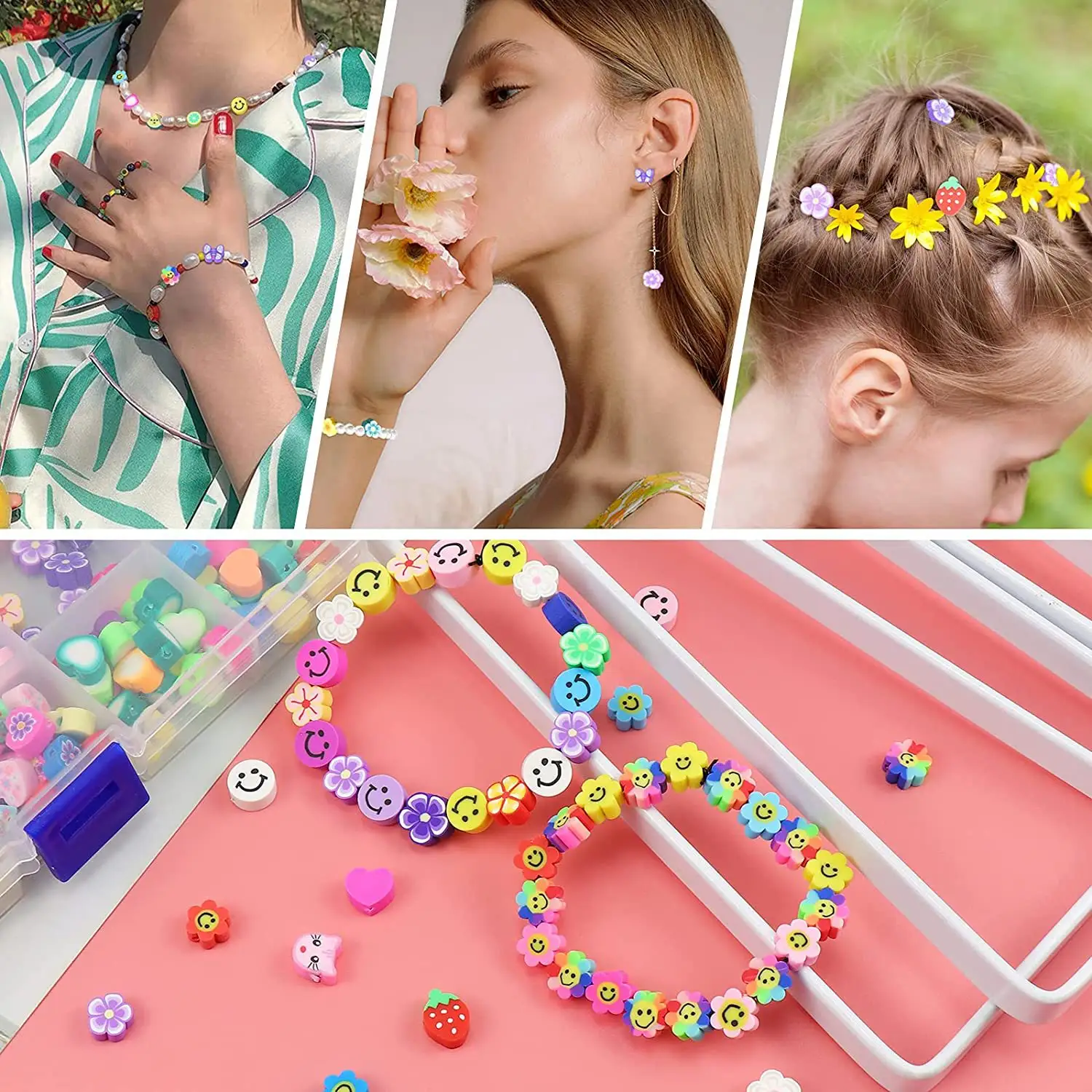 480 Pcs DIY Cute Clay Bead Fruit Flower Smile Face Beads Polymer Soft Clay Kit For Bracelet Making