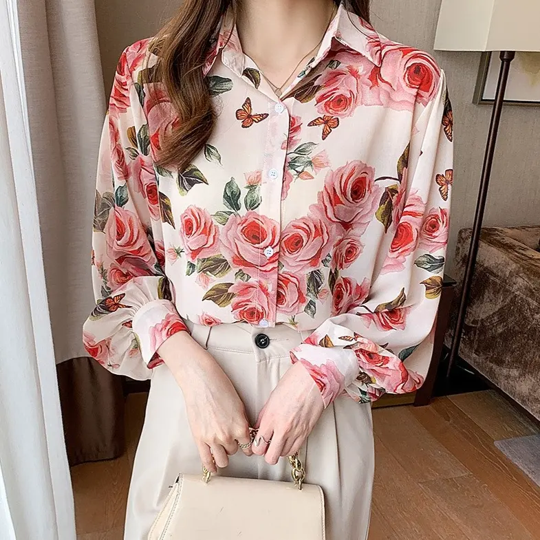 Blusa de manga larga para primavera y otoño, camisa con estampado Floral para Mujer, estilo coreano, 2022