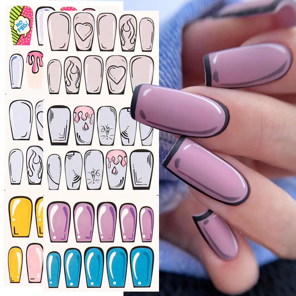 Popular comic water decals nail art stickers painting 3D DIY nail wraps for nail salon