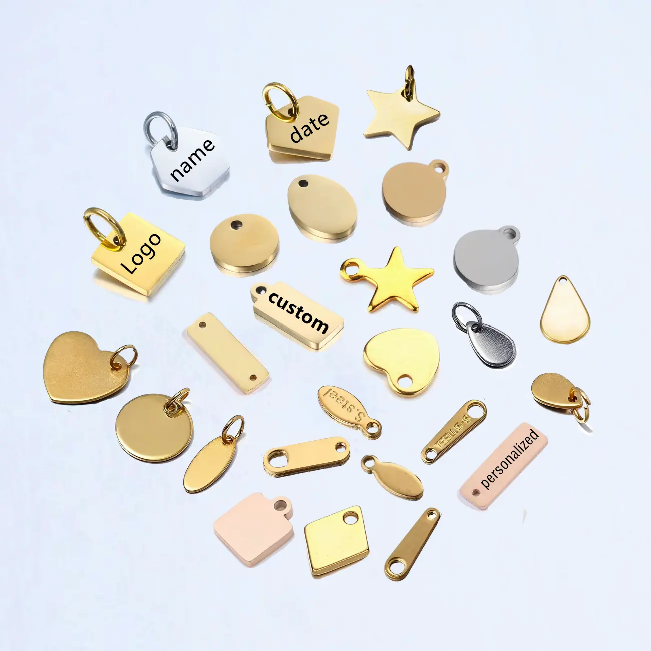 Wholesale Custom Metal Geometric Tags Designer Stainless Steel Engraved Brand Logo Charm Pendant For Jewelry