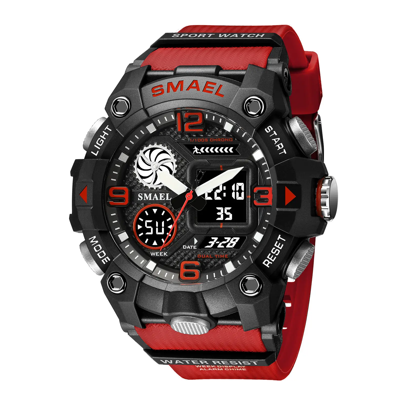 SMAEL-reloj Digital de cuarzo para hombre, cronógrafo con doble horario, con manecillas luminosas, Despertador con retroiluminación LED, resistente al agua hasta 5 ATM, 8045