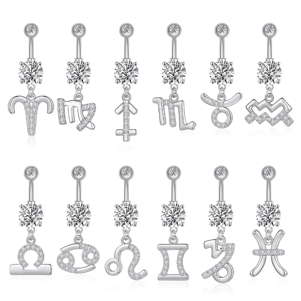 12 Star Signs Zodiac Astrology Navel Bell Button Rings Horoscope Body Piercing Jewelry Stainless Steel Belly Ring For Women